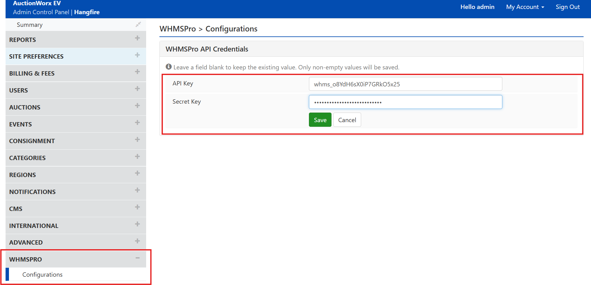 AuctionWorx Admin Panel - WHMSPro Configuration Page