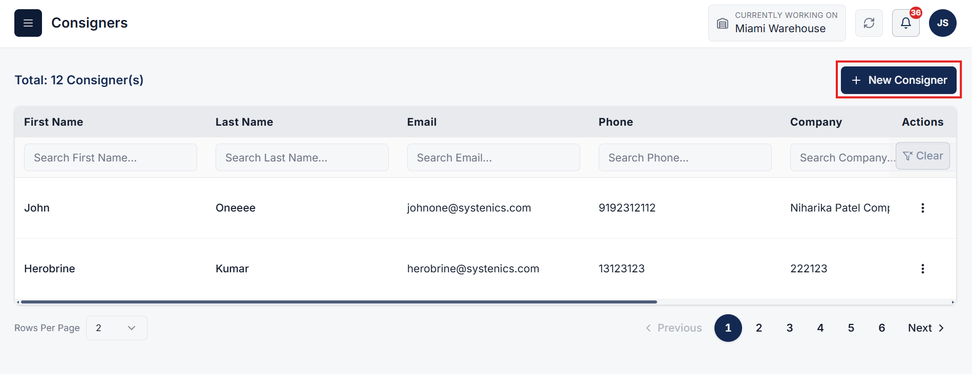 Consigners page and New Consigner button