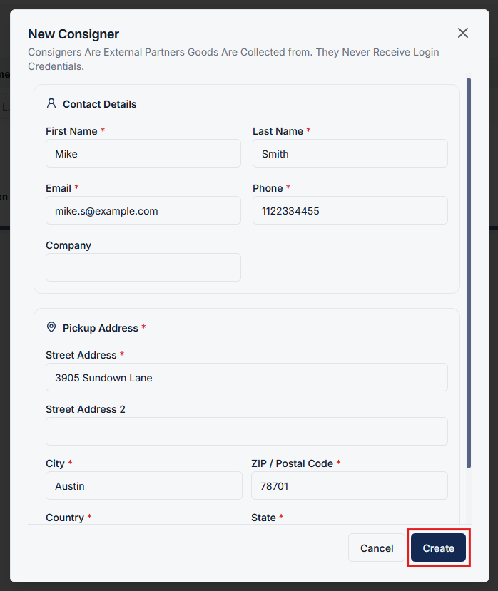 Fill Consigner Details and Create