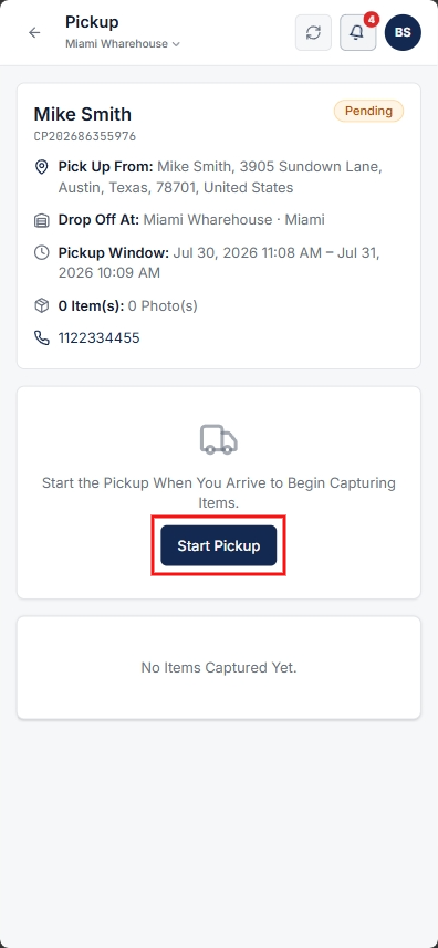 Pickup Details and Start Pickup