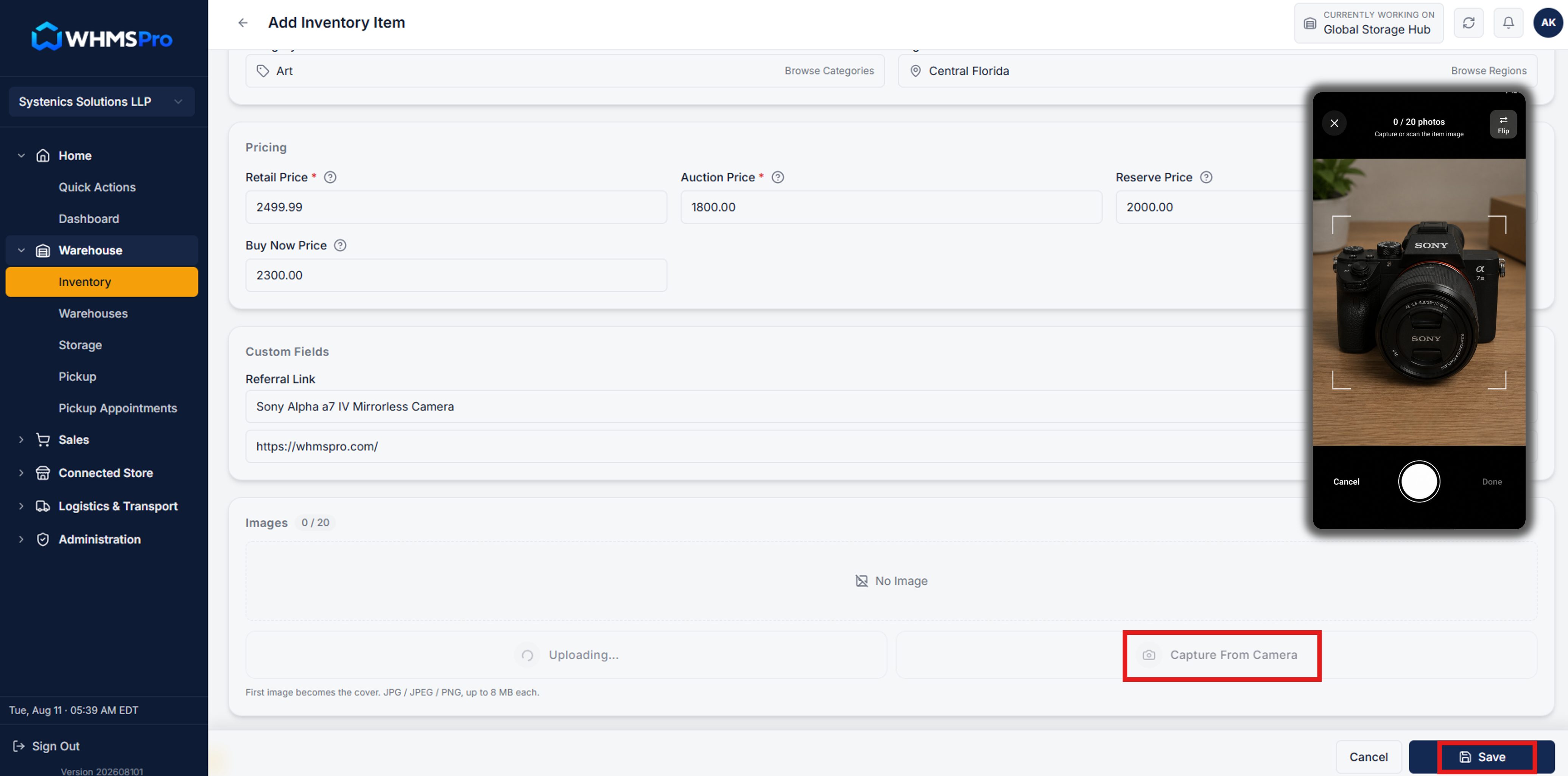 Inventory details form showing category, pricing, custom fields, and photo upload
