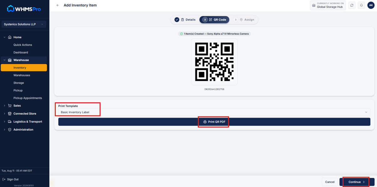 Inventory QR code generation, template selection, and Print QR PDF dialog
