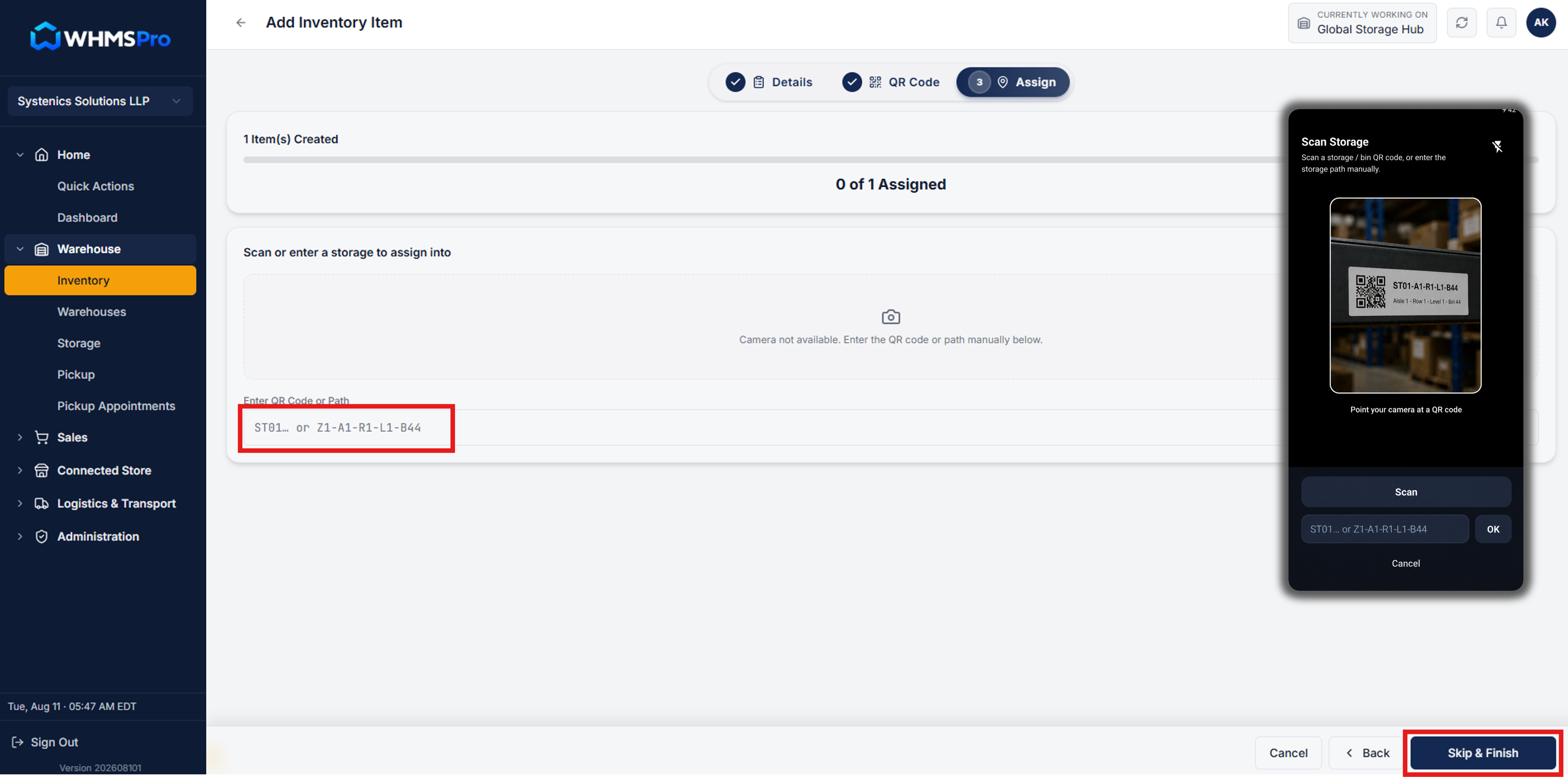 Mobile QR scanning of storage location and Assign to Storage popup selection