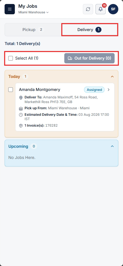 My Jobs Delivery Tab with Today and Upcoming jobs