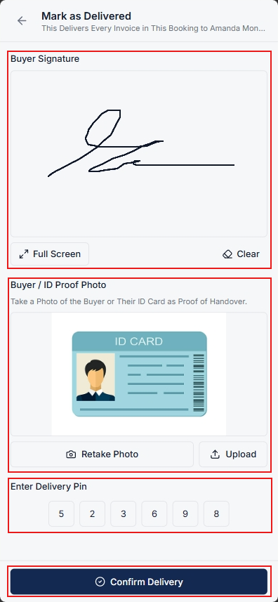 Delivery PIN, Consigner Signature, and ID Proof Verification