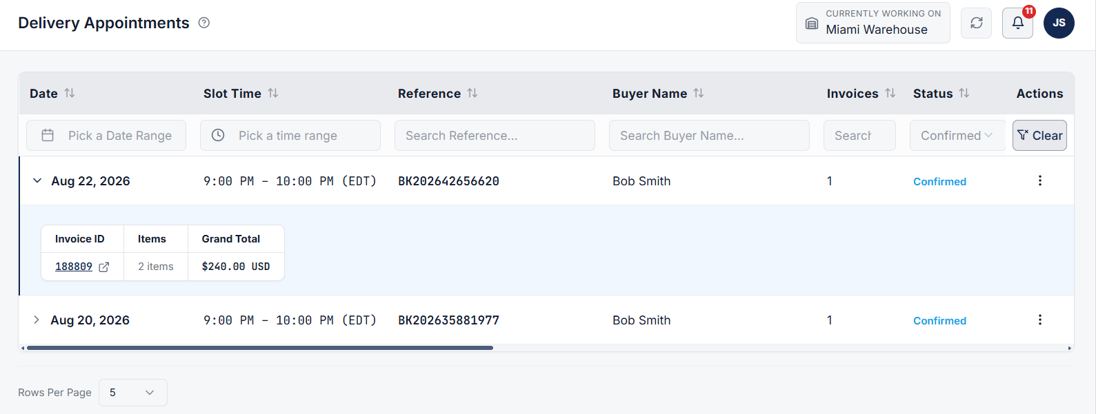 Delivery Appointments Page