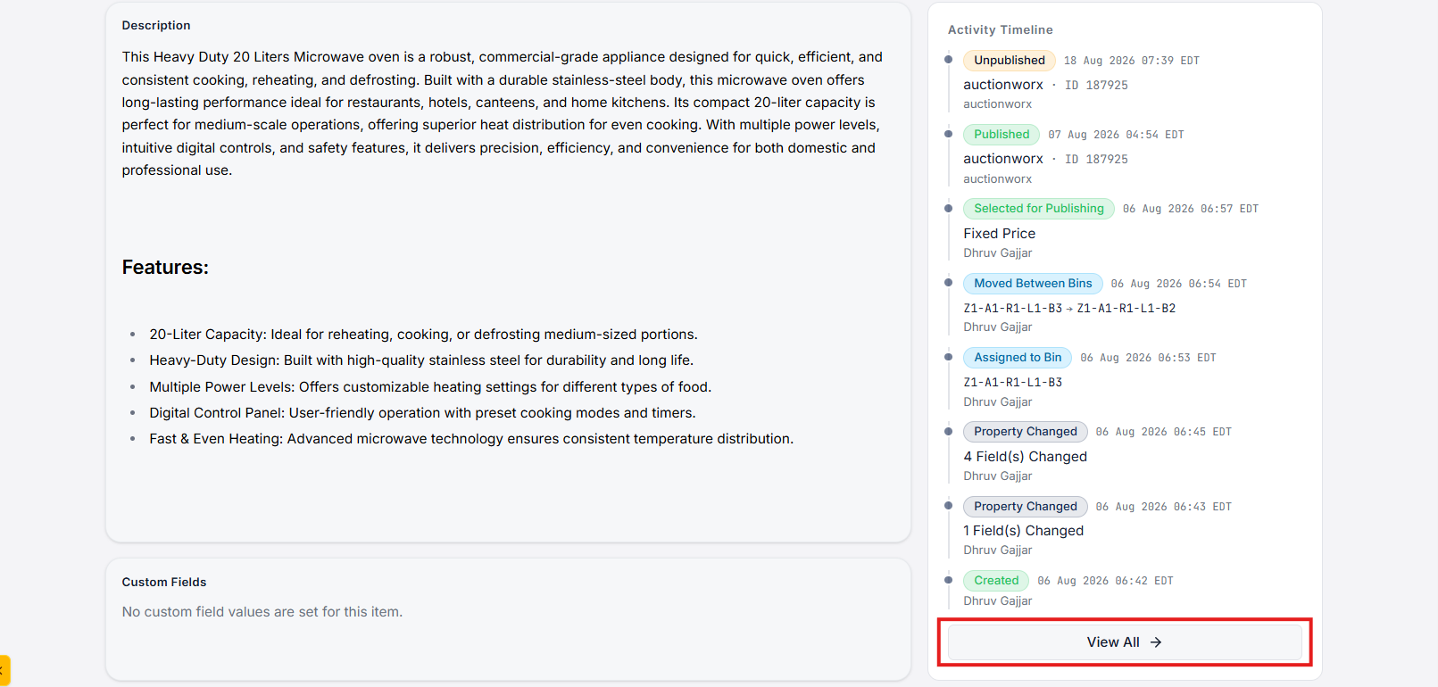 Inventory Details Activity Timeline and View All button