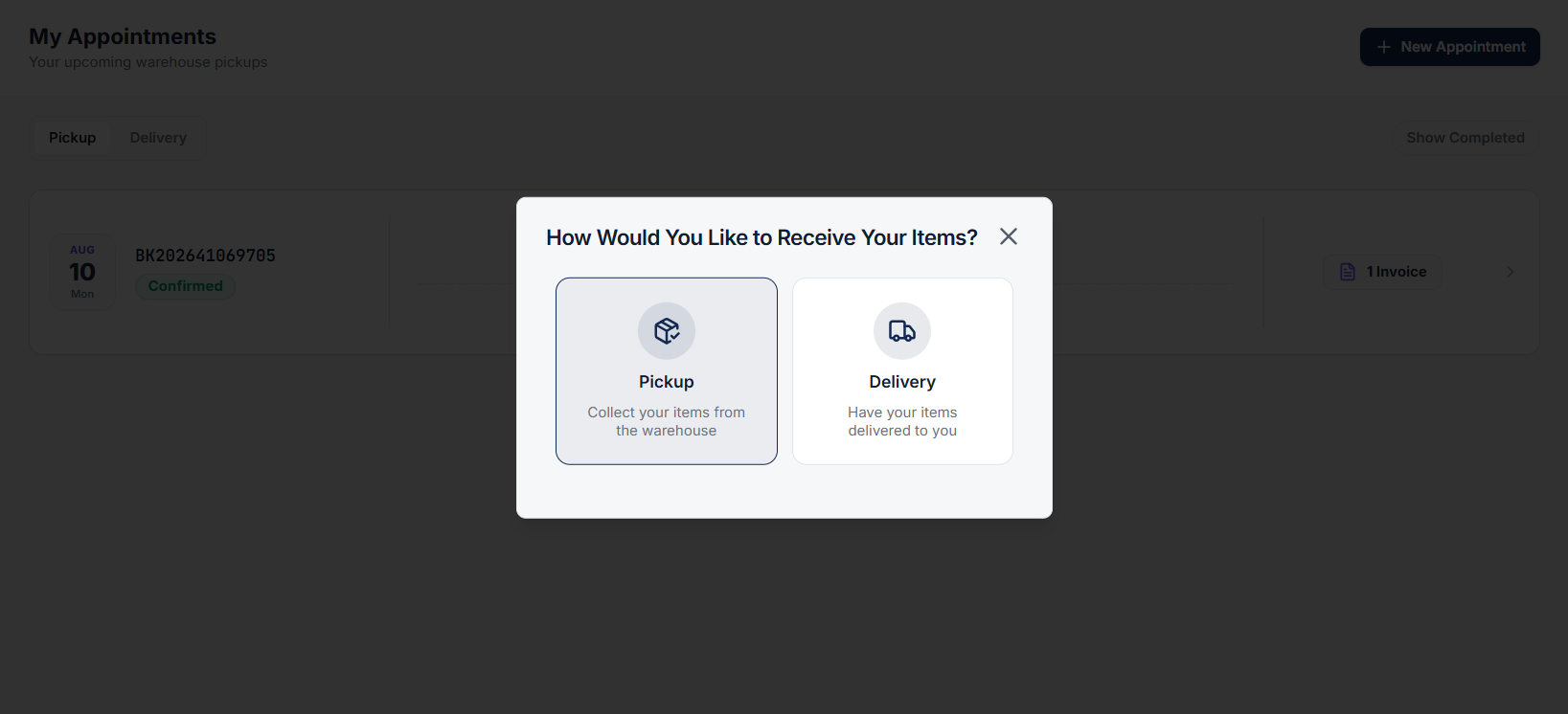 Manage Booking Page and Select Pickup Option