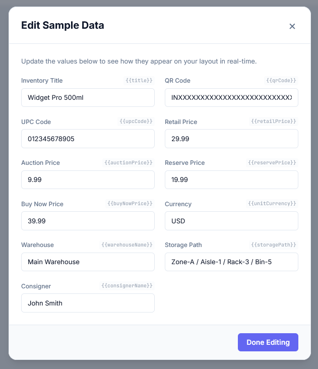Edit Sample Data Popup