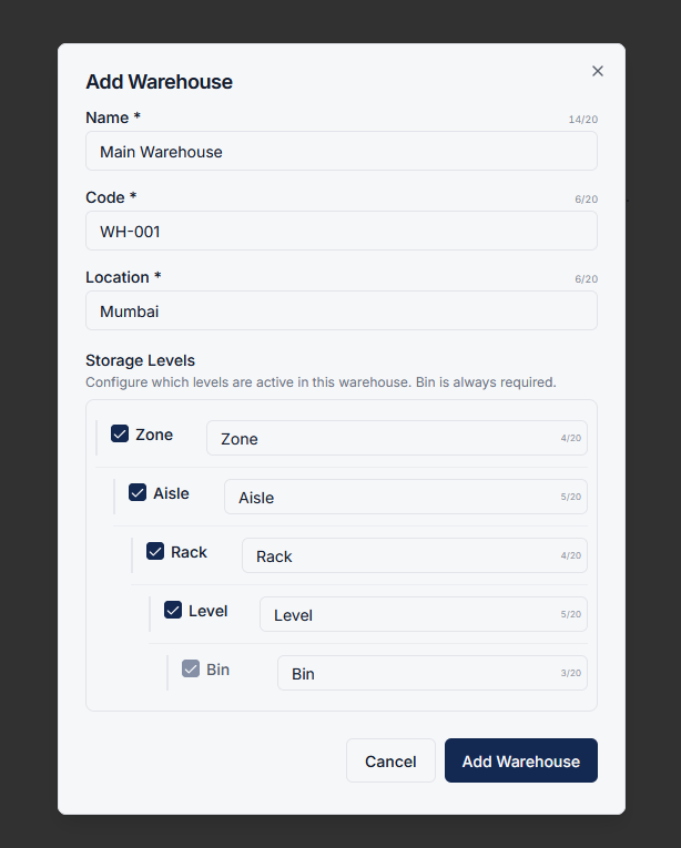 Warehouse setup form