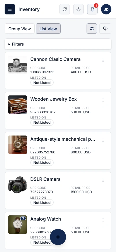 Create, Import & Publish Inventory mobile view