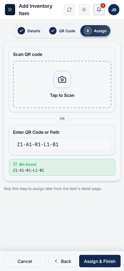 Scan QR and Assign Storage Locations mobile view