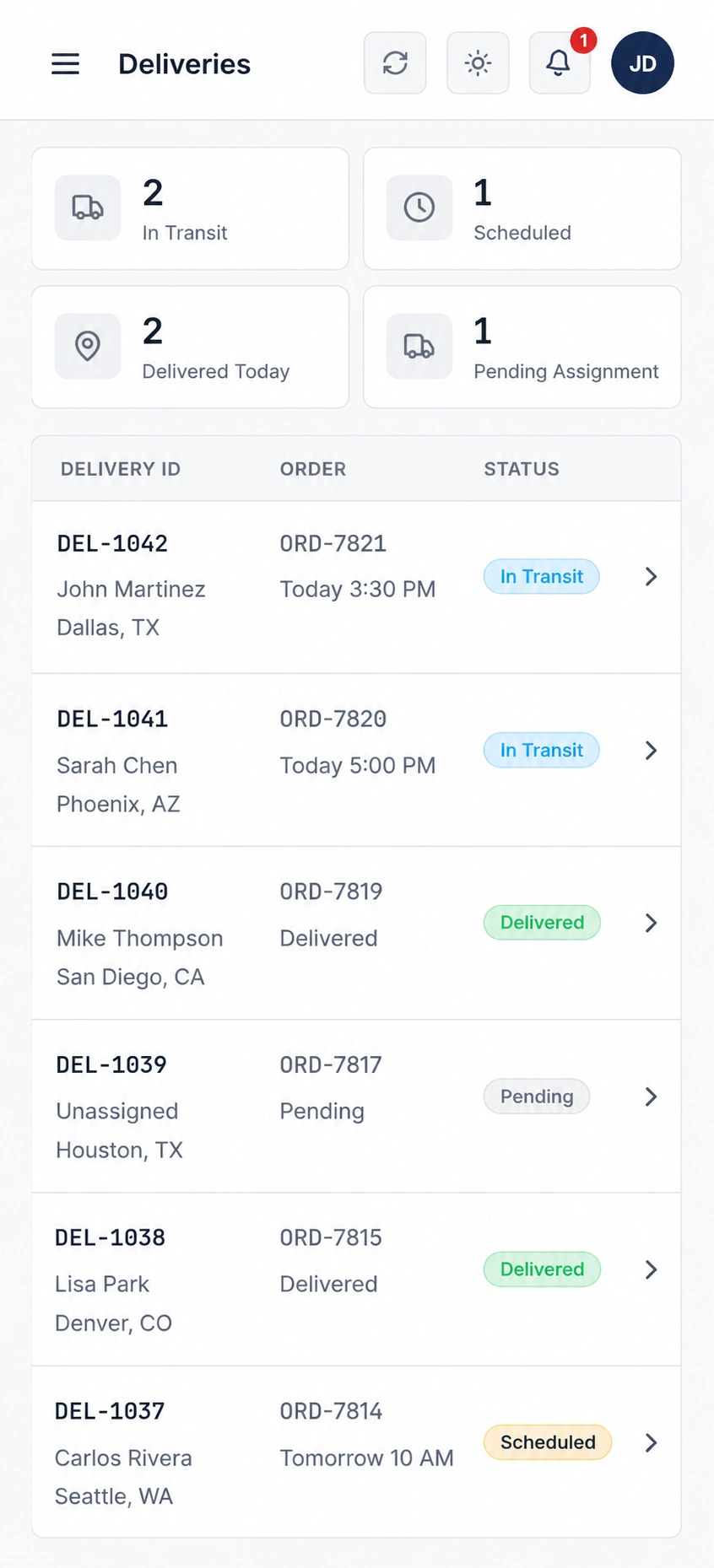 Pickup and Returns mobile view