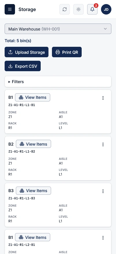 Rack hierarchy and storage structure preview