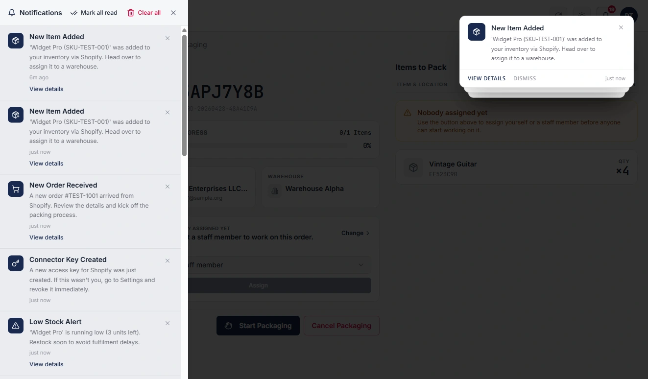 Email notifications and alert center preview